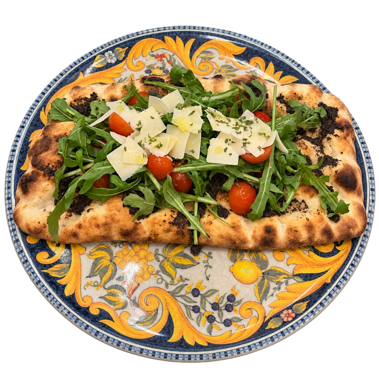 Pinsa mit Rucola, Tomaten und Parmesansplittern