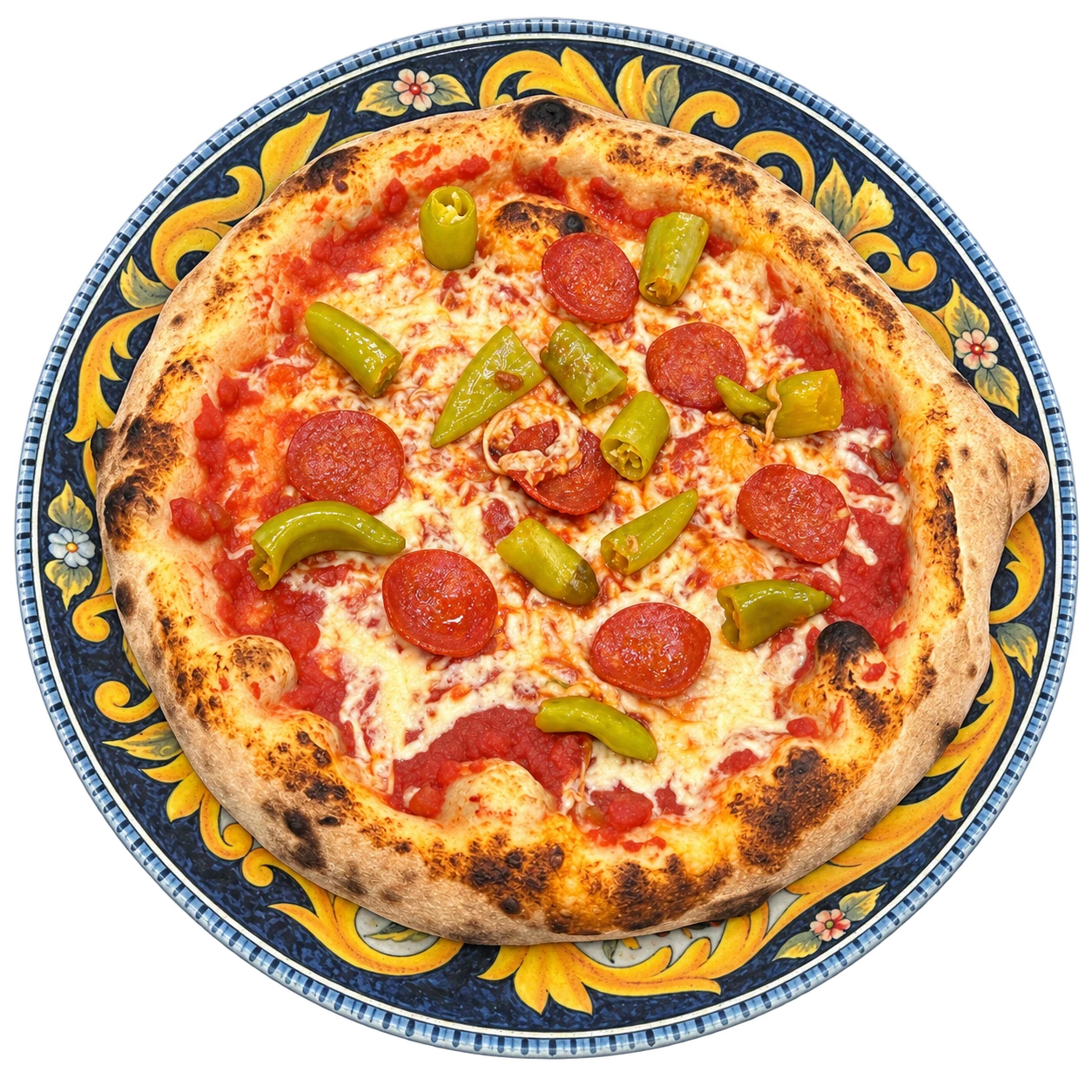 Pizza mit Peperoni und Peperoniwurst auf dem sizilianischen Teller, Ansicht von oben